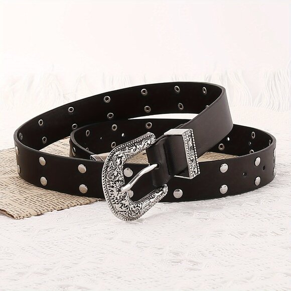 Vintage Carved Belt for Women, Punk Round Rivet Metal Embellished Belt - Picture 4 of 5